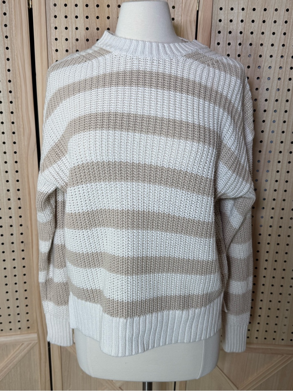 American Eagle XS Cream Beige Striped Open Knit Cotton Sweater Coastal Neutral - Picture 2 of 11